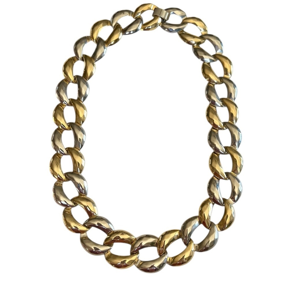 Vintage 80s Silver & Gold Faceted Chain Link Chunky Collar Necklace